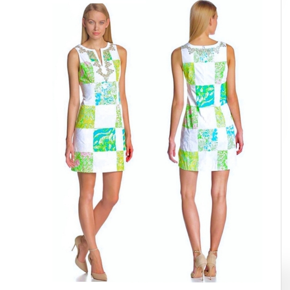 Lilly Pulitzer White and Green Patchwork Mini Dress